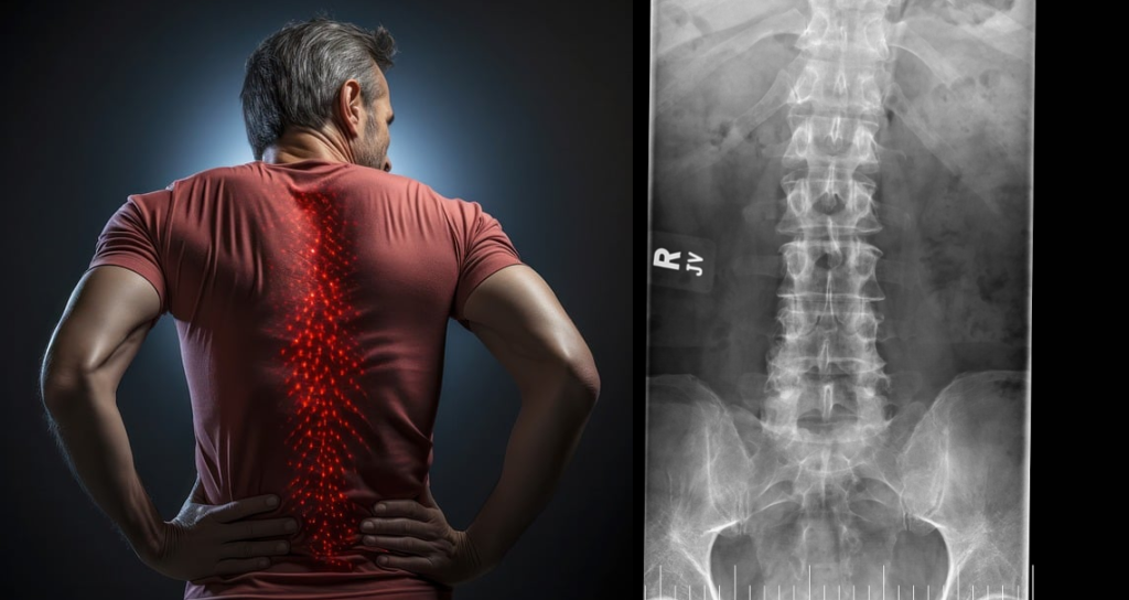 Man experiencing lower back pain with highlighted spine and X-ray image.