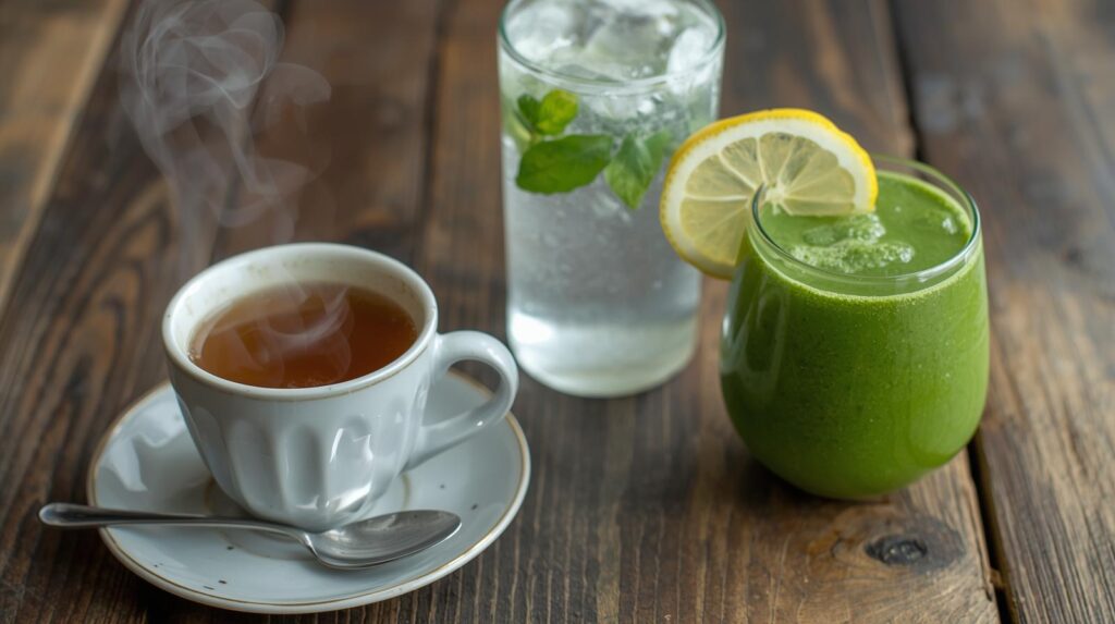 mug of tea with spoon, glass of lemonade, and tall glass of vegetable healthy smoothie on table